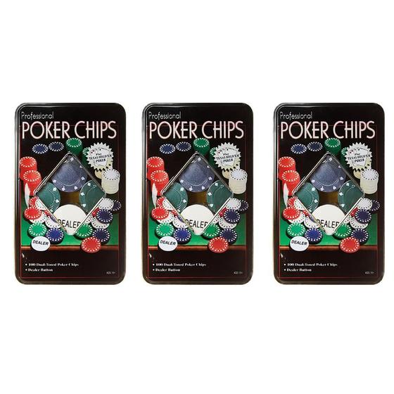 Imagem de Kit 3 Latas Poker Chips Com 100 Fichas + 1 Ficha Dealer Cada