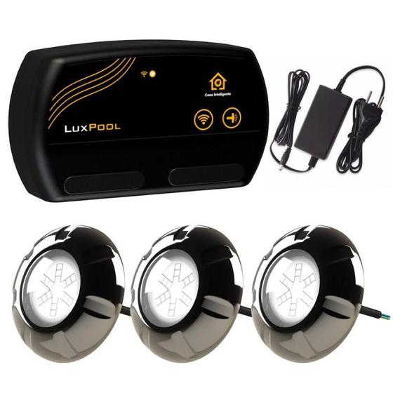 Imagem de Kit 3 Led Rgb 9W Inox Piscina + Comando Wifi Luxpool + Fonte