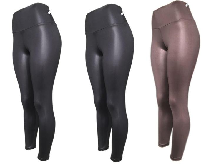 Imagem de Kit 3 Legging Cirre Cintura Alta Brilho Molhado Imita Couro Lycra PRETO-PRETO-MARROM P