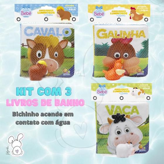 Imagem de Kit 3 livros Bebe para Banho - Amiguinhos Luminosos - Cavalo Galinha Vaquinha  - Acende em contato com água - Todolivro