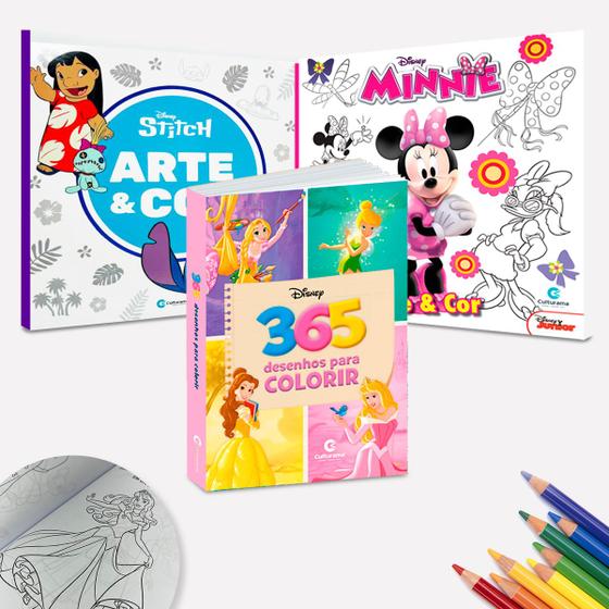 Imagem de Kit 3 Livros Para Pintar Colorir Desenhar Disney Princesas Lilo & Stitch e Minnie Mouse Diversão 365 Desenhos