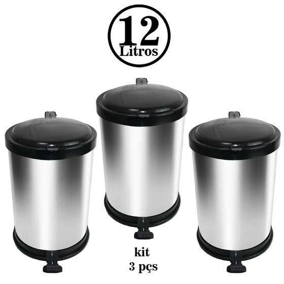Imagem de Kit 3 Lixeiras 12l em Metal Cozinha Banheiros Preta Branca ou Cor Inox