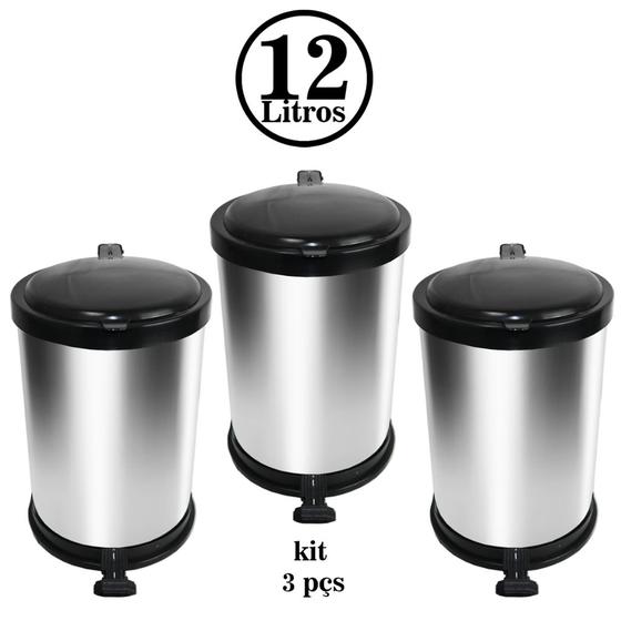Kit 3 Lixeiras 12l em Metal Cozinha Banheiros Preta Branca ou Cor Inox Menor preço em Kit 3 Lixeiras 12l em Metal Cozinha Banheiros Preta Branca ou Cor Inox