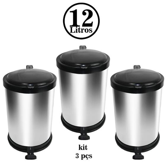 Kit 3 Lixeiras Cor Inox 12 Litros Pedal Menor preço em Kit 3 Lixeiras Cor Inox 12 Litros Pedal