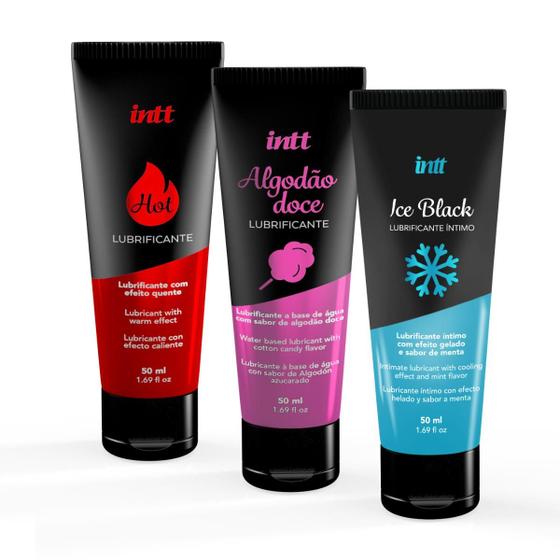 Imagem de Kit 3 Lubrificantes Gel Intt Hot Morango Esquenta Black Ice Esfria Algodão Doce Sabor Base d'água Deslizante Simulação d