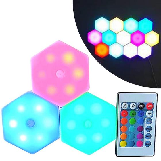 Kit 3 Luminária LED RGB Hexagonal Modular Parede Decoração com Controle Remoto Pro Luminária