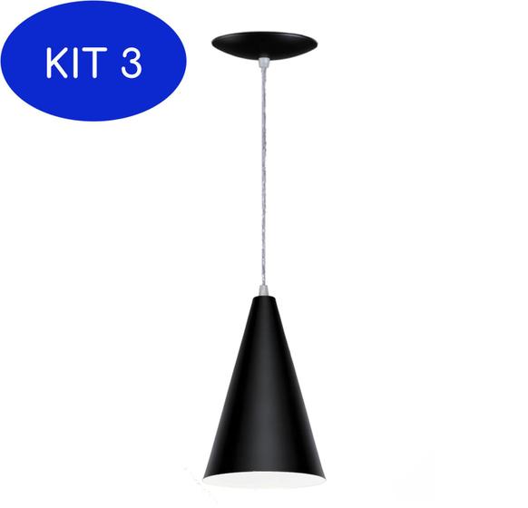 Kit 3 Luminária Pendente Cone em Alumínio Cor Preto Fosco Estillo E
