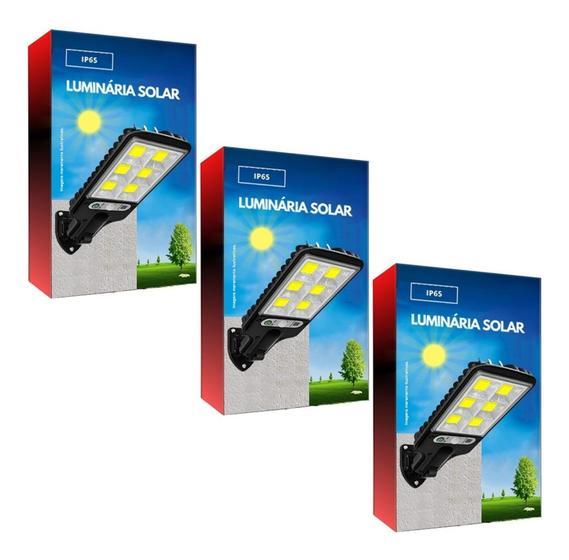 Imagem de Kit 3 Luminária Solar 100w Led Refletor Com Sensor Automático Fotocélula 3 Modos de Funcionamento