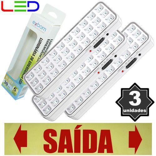 Imagem de Kit 3 Luminárias de Emergência Bivolt 30 Leds 2W Exbom LE-PR40 Recarregável Lâmpada Luz Branco Frio