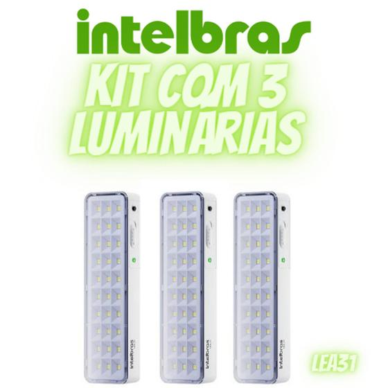 Imagem de Kit 3 Luminárias De Emergência Intelbras Lea 31 Luz De Led Recarregável