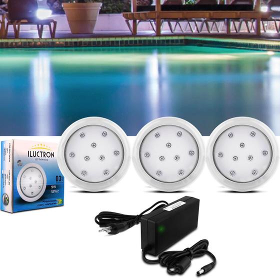 Kit 3 Luminárias Led Piscina Iluctron Azul 80mm 27W 2970 Lúmens 12V Branco + Fonte Led Bivolt 60W 5A Menor preço em Kit 3 Luminárias Led Piscina Iluctron Azul 80mm 27W 2970 Lúmens 12V Branco + Fonte Led Bivolt 60W 5A