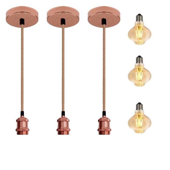Imagem de Kit 3 Luminárias Pendente Metal Rose Gold Dourado Rosa + Lâmpadas LED Filamento Vintage Retrô