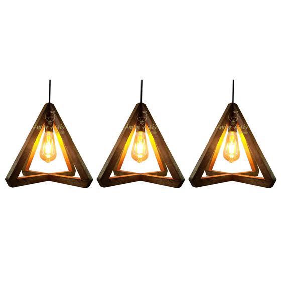 Kit 3 Luminárias Teto Pendente Madeira Rústica Retrô Moderna André