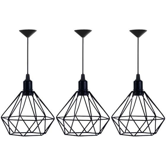 Kit 3 Lustre Pendente Aramado Diamante Preto Menor preço em Kit 3 Lustre Pendente Aramado Diamante Preto