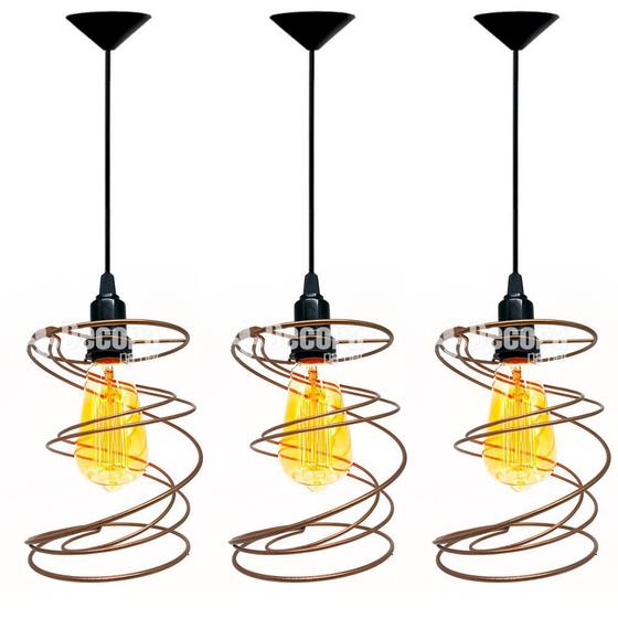 Kit 3 Lustres Pendentes Aramado Retrô Mola Cobre - Decora na Net Menor preço em Kit 3 Lustres Pendentes Aramado Retrô Mola Cobre - Decora na Net