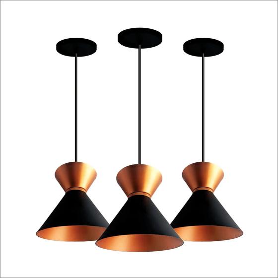 Imagem de Kit 3 Lustres Pendentes Luxo Rainha Preto Com Cobre Bicolor