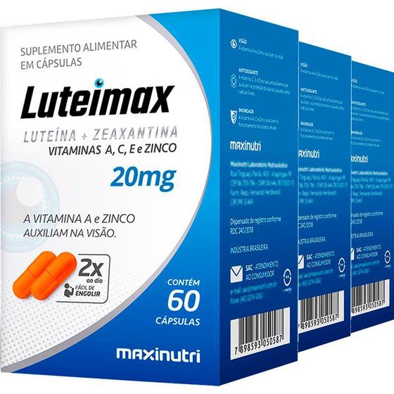 Imagem de Kit 3 Luteimax Luteína + Zeaxantina Vitaminas A C E Zinco 60 Cápsulas Maxinutri
