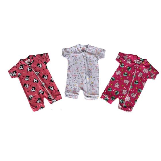Imagem de Kit 3 Macacão Bebê Curto Menina Algodão Suedine Calor