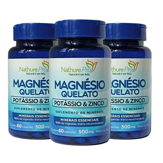 Imagem de Kit 3 Magnésio Quelato Potássio e Zinco 60 Cápsulas 500mg