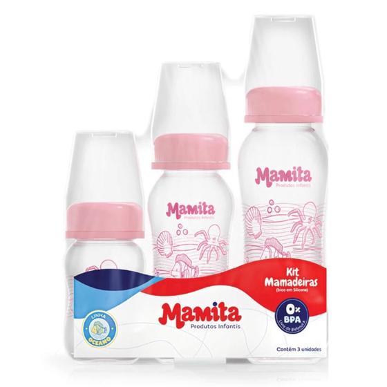 Imagem de Kit 3 Mamadeira Decoradas Bebê Bico Reto em Silicone - Mamita - Estampas Variadas