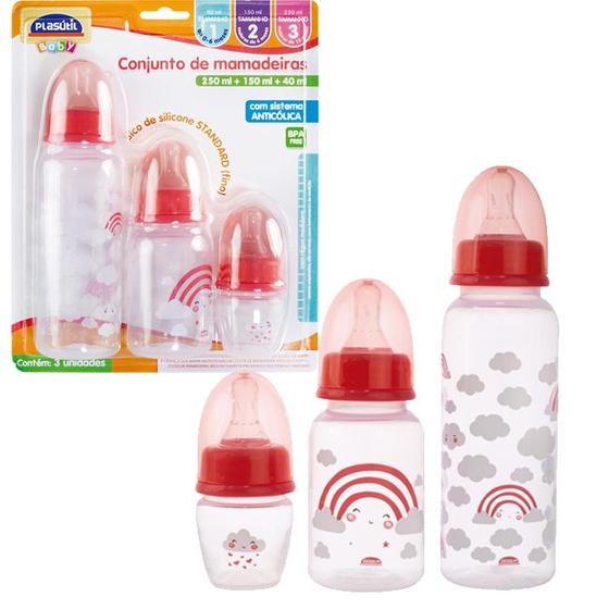 Imagem de Kit 3 Mamadeiras Bico Em Silicone Standard 40mL + 150mL + 250mL Com Sistema Anticólica - Plasútil Baby