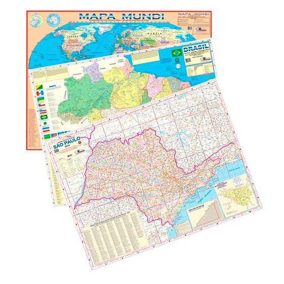Imagem de Kit 3 Mapas Mundi Brasil E Estado São Paulo Atualizados - Gigante 120 x 90 Cm - Dobrado
