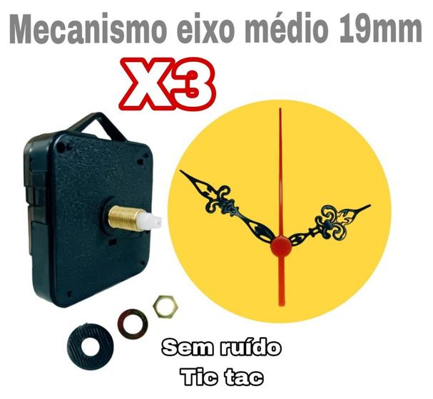 Imagem de Kit 3 Máquinas Reparo Relógio De Parede 19mm + Ponteiros Coloniais Preto