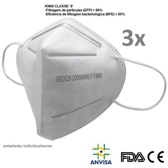 Kit 3 Máscara GB2626-2006 Proteçao kN95 classe S Com Registro ANVISA Laudo BFE 95% FDA CA Menor preço em Kit 3 Máscara GB2626-2006 Proteçao kN95 classe S Com Registro ANVISA Laudo BFE 95% FDA CA
