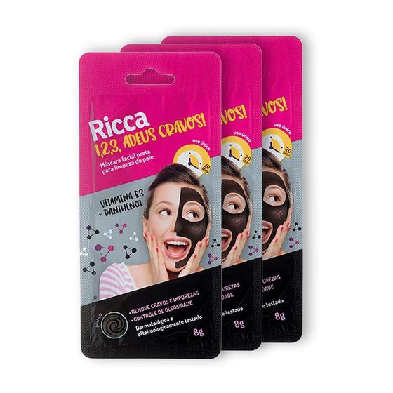 Imagem de Kit 3 Máscaras Preta Limpeza de Pele Cravos Impurezas e Oleosidade Ricca 8g