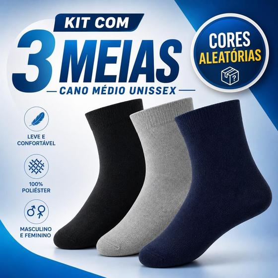 Kit 3 Meias Cano Medio Meia Masculino e Feminino Multicolorido Poliéster