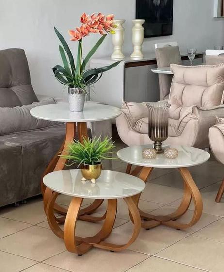Imagem de Kit 3 Mesas Cebola Base Laminada Com Tampo De MDF Com Vidro Off White 