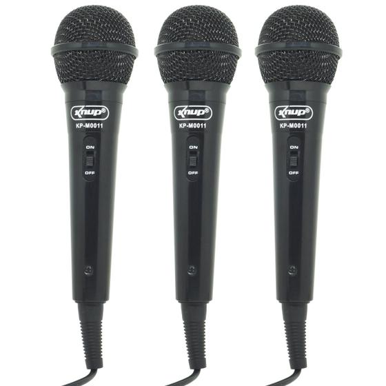 Imagem de Kit 3 Microfones Dinâmico c/ Fio P10 P2 Cabo 2,8 Metros Karaokê e Caixa de Som Knup KP-M0011 Preto