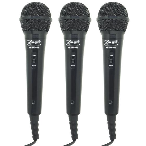 Imagem de Kit 3 Microfones Dinâmico c/ Fio P10 P2 Cabo 2,8 Metros Karaokê e Caixa de Som Knup KP-M0011 Preto