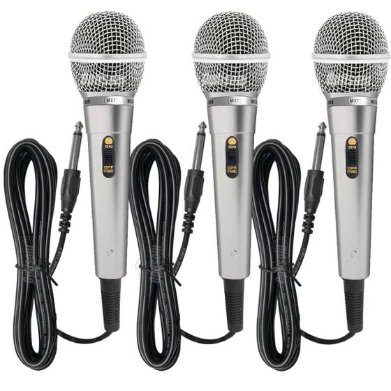 Imagem de Kit 3 Microfones Para Caixa De Som Karaokê Prata Mxt M-1800s Com Cabo P10 3 Metros