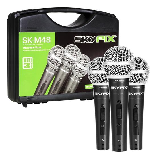 Imagem de Kit 3 Microfones Profissional De Fio Skypix Skm48 Com Maleta