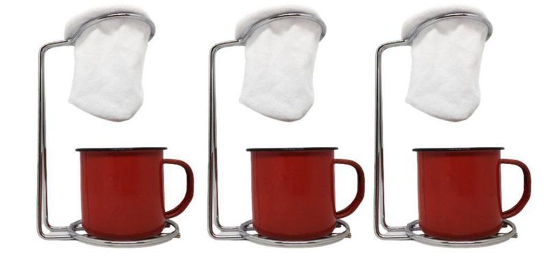 Imagem de Kit 3 Mini Coador Café Aço Cromado Com Caneca Esmaltada Vermelha 120ml