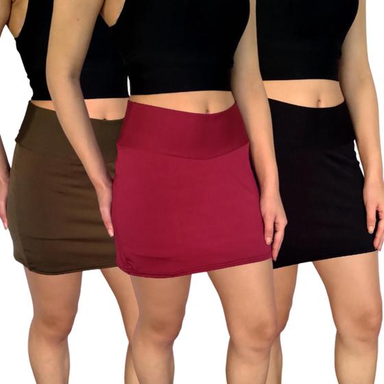 Imagem de Kit 3 Mini Saias Femininas Justas Cós Lisas Cores Sortidas Suplex Pp ao Plus Size