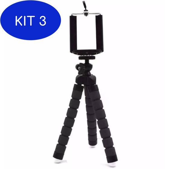 Imagem de Kit 3 Mini Tripé Flexível Suporte Celular Câmera Ação Preto
