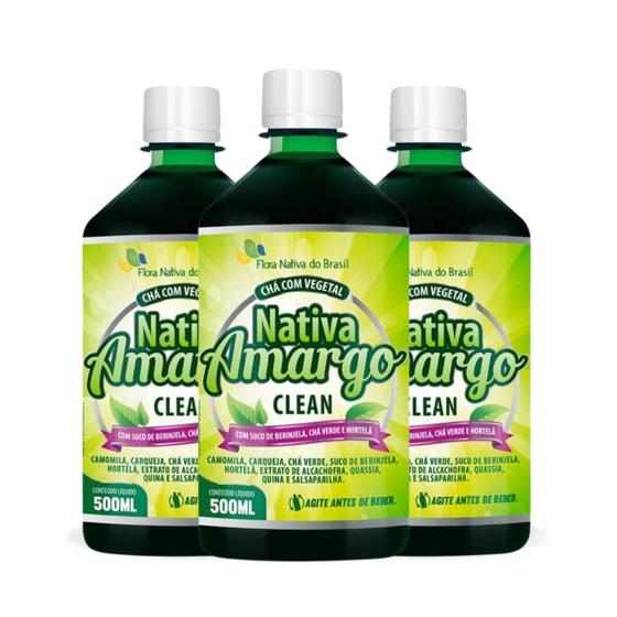 Imagem de  Kit 3 Nativa Amargo Clean com Camomila Carqueja Chá Verde Hortelã Suco de Berinjela e Extratos 500ml Flora Nativa