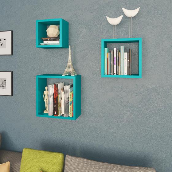 Imagem de Kit 3 Nichos Prateleiras Decorativos Quadrado 30 Cm Sala Quarto Escritório MDP Turquesa - ClickLar