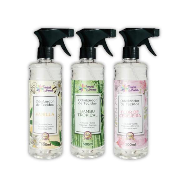 Imagem de Kit 3 Odorizador Para Tecidos Elimina Odores  Spray/Borrifador Vanilla, Bambu e Cerejeira 500ml Cada Tropical Aromas