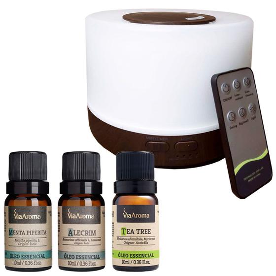 Imagem de Kit 3 Óleos Essenciais Via Aroma Menta, Alecrim, Tea Tree + Difusor Aromático