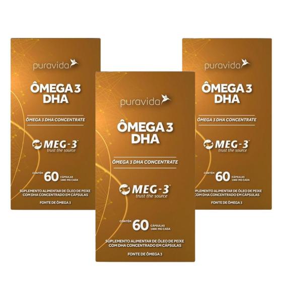 Kit 3 Ômega 3 Dha Puravida 1000mg 60 Cápsulas Pura Vida Ômega 3