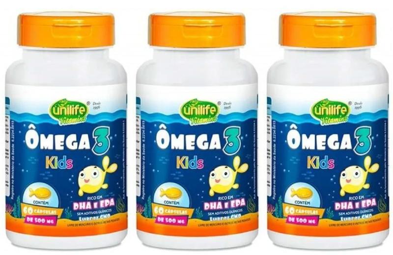 Kit 3 Ômega 3 Kids Infantil 500mg 60 Cápsulas Unlife UNILIFE