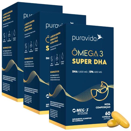 Kit 3 Ômega 3 Super DHA Concentrado 1000mg Pura Vida Original Selo Meg3 Menor preço em Kit 3 Ômega 3 Super DHA Concentrado 1000mg Pura Vida Original Selo Meg3