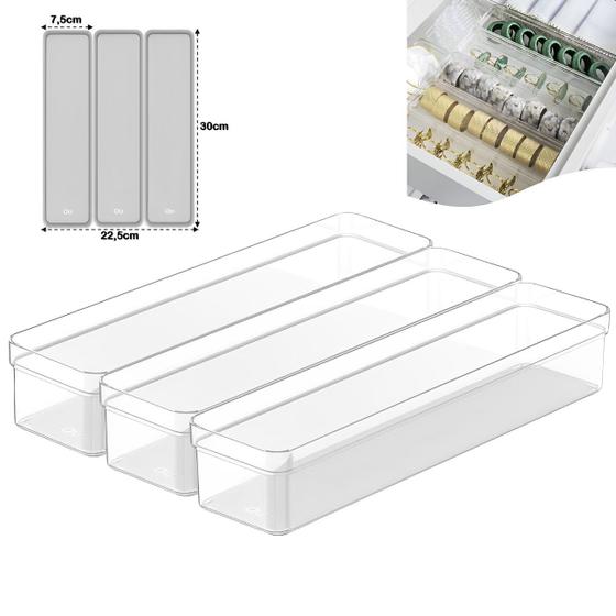 Imagem de Kit 3 Organizador De Gaveta Armário Retangular Modular Plástico Multiuso Porta Utensílios Natural - Ou