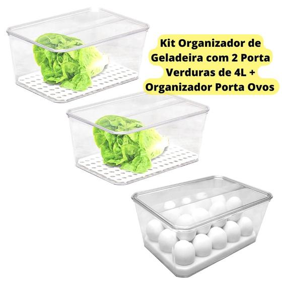 Imagem de Kit 3 Organizador Geladeira Acrílico Com Suporte Porta Verduras 4L Porta Ovos 36un