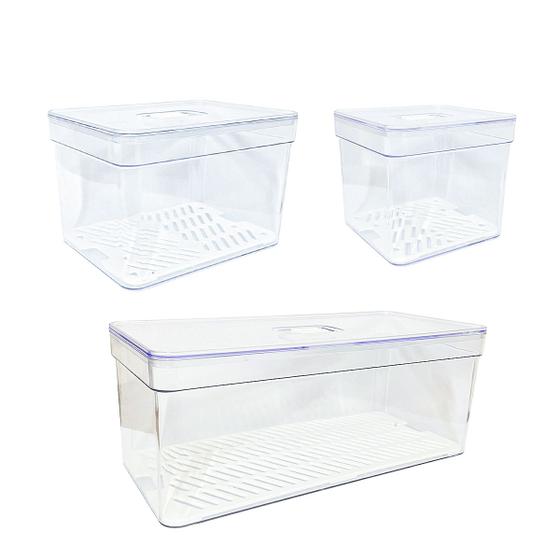 Imagem de Kit 3 Organizadores De Geladeira Prático Cesto Conservador Alimentos Verduras Fruta C/Tampa Multiuso