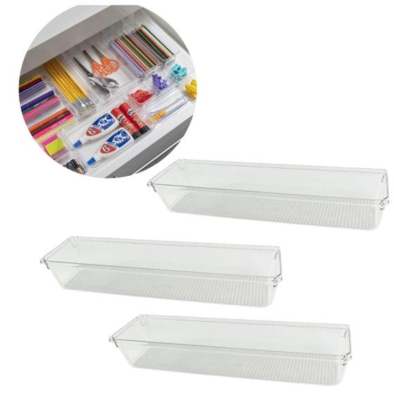 Imagem de Kit 3 Organizadores Multiuso Transparente Gaveta Armário 30x8cm Modular