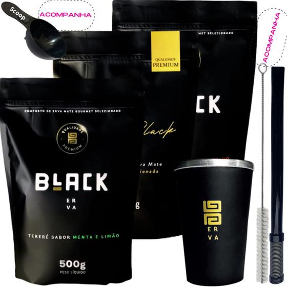 Imagem de Kit 3 Pacotes Black Erva Mate Tereré + Copo de Alumínio Térmico + Bomba Mola Externa de Inox
